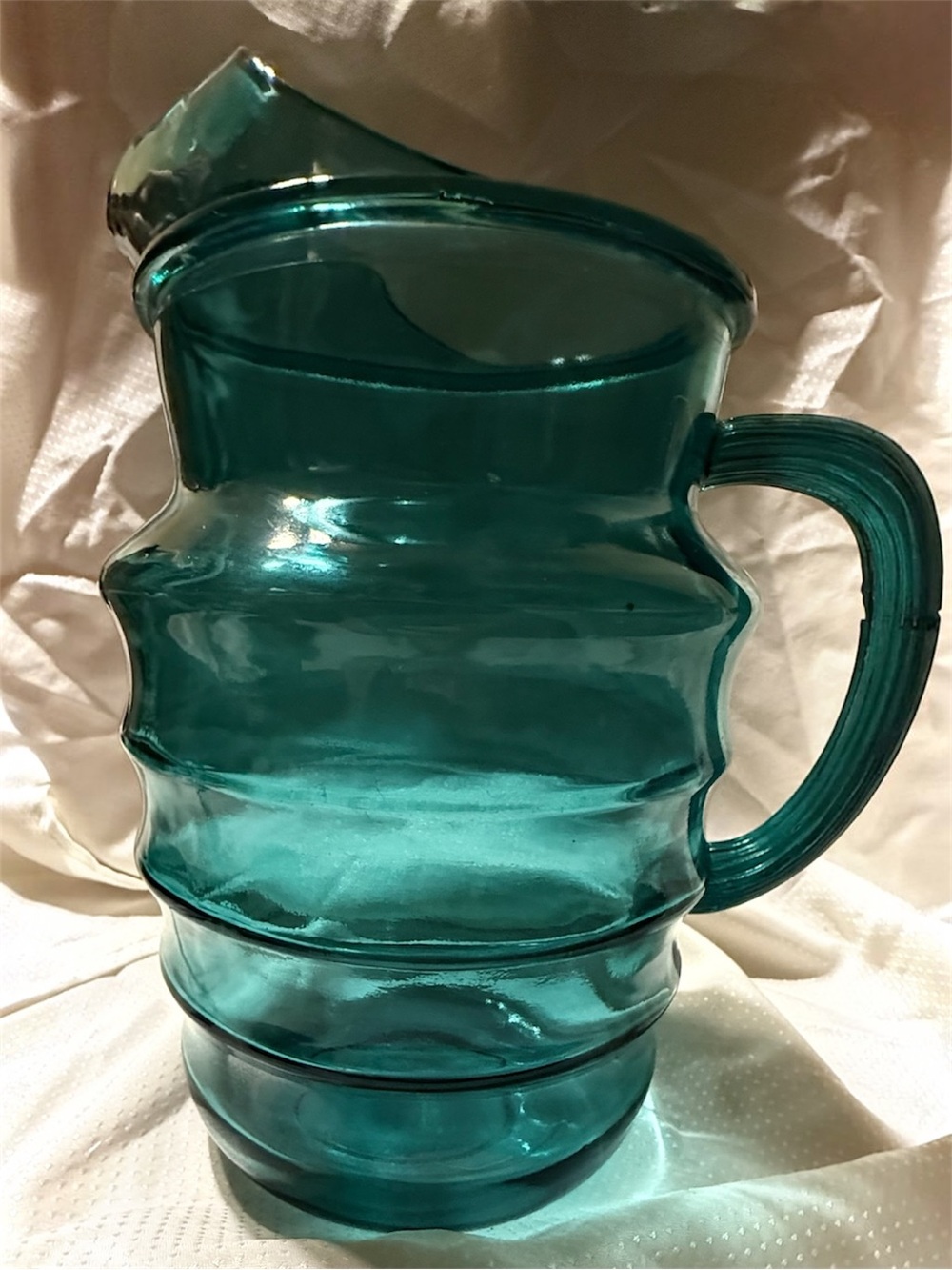 Vintage MCM Teal Glass Beehive Ribbed Ice Lip Pitcher 9"